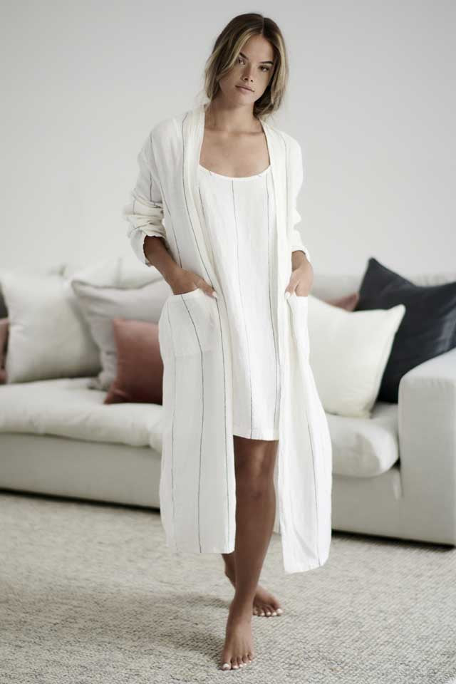 White with charcoal stripe Carter Linen Slip Dress layered with Carter Linen Robe