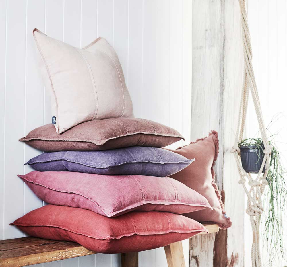 Luca linen cushions and luca boho cushions on a bench seat