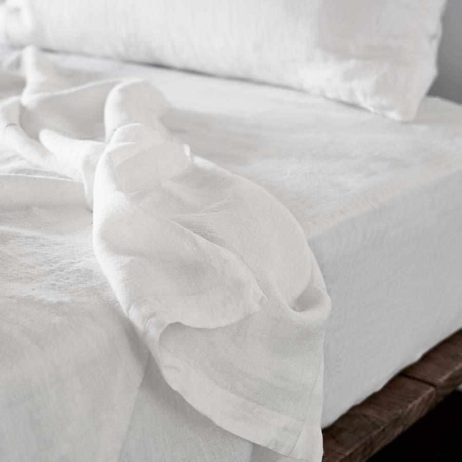 White Euro Linen Fitted Sheet and Linen Flat Sheet Set
