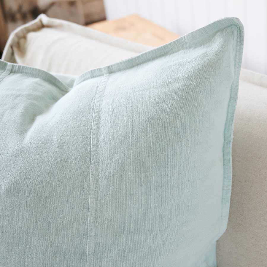 Luca Linen Cushion in sea mist crafted from 100% pre washed linen