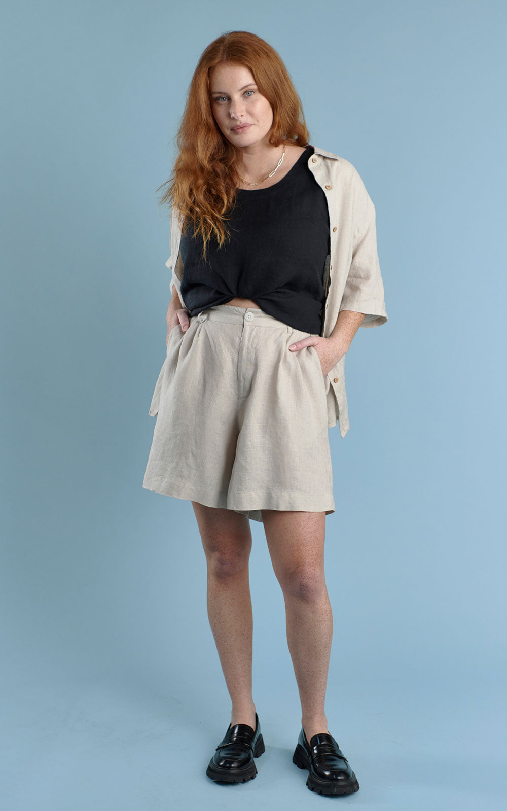 classic button up shirt with wooden buttons in natural