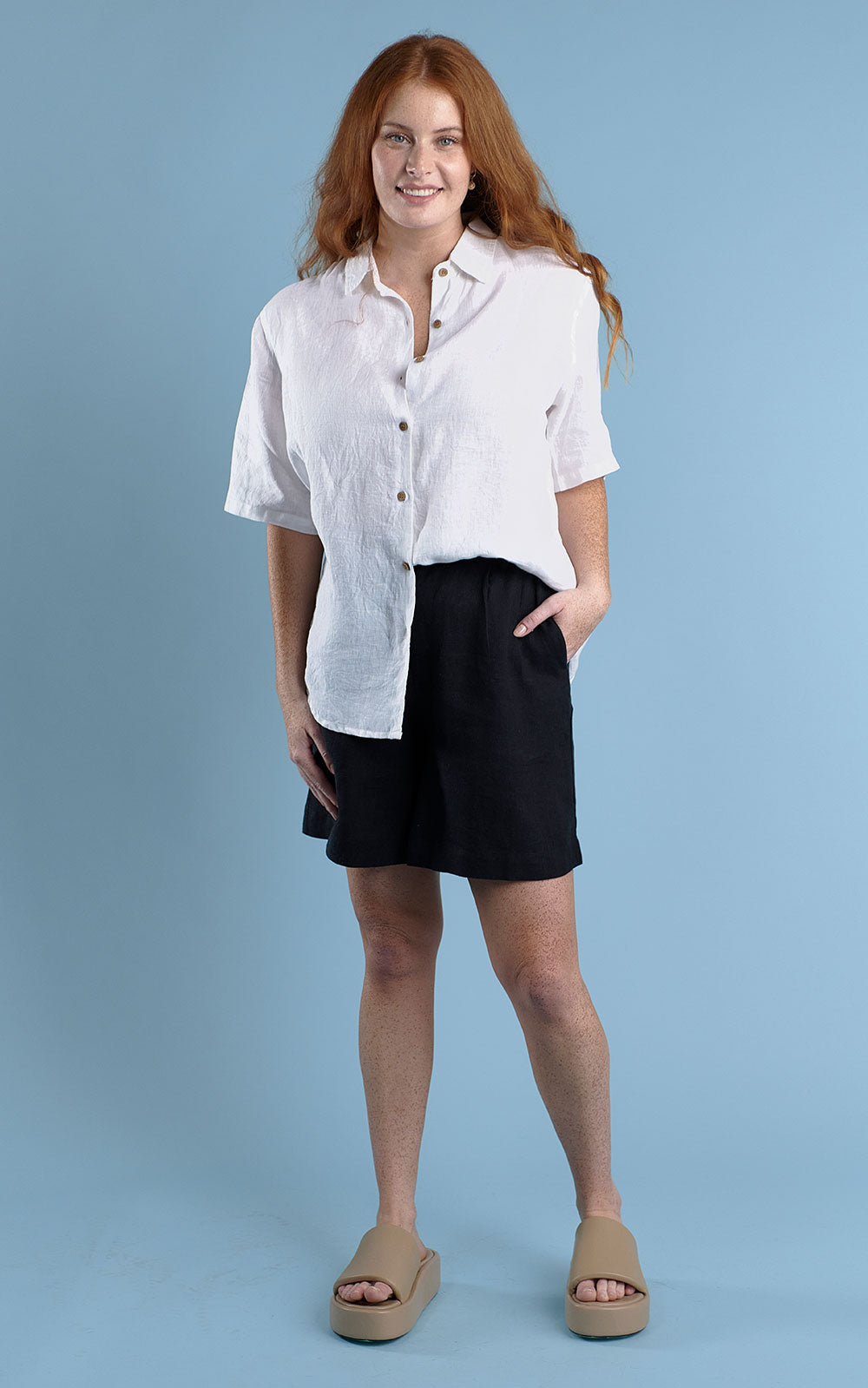 classic button up shirt with wooden buttons in white