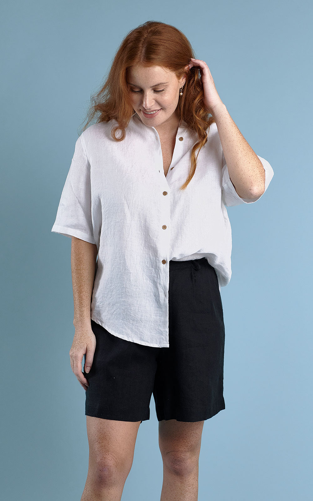 classic button up shirt with wooden buttons in white
