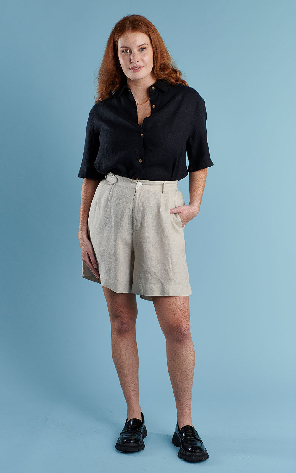 three quarter length tailored linen shorts in natural