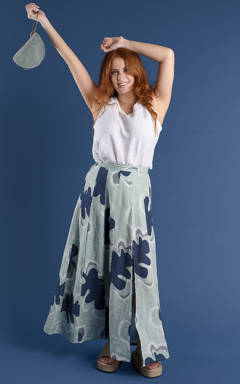 linen maxi skirt with split fun print navy and sea mist gidget