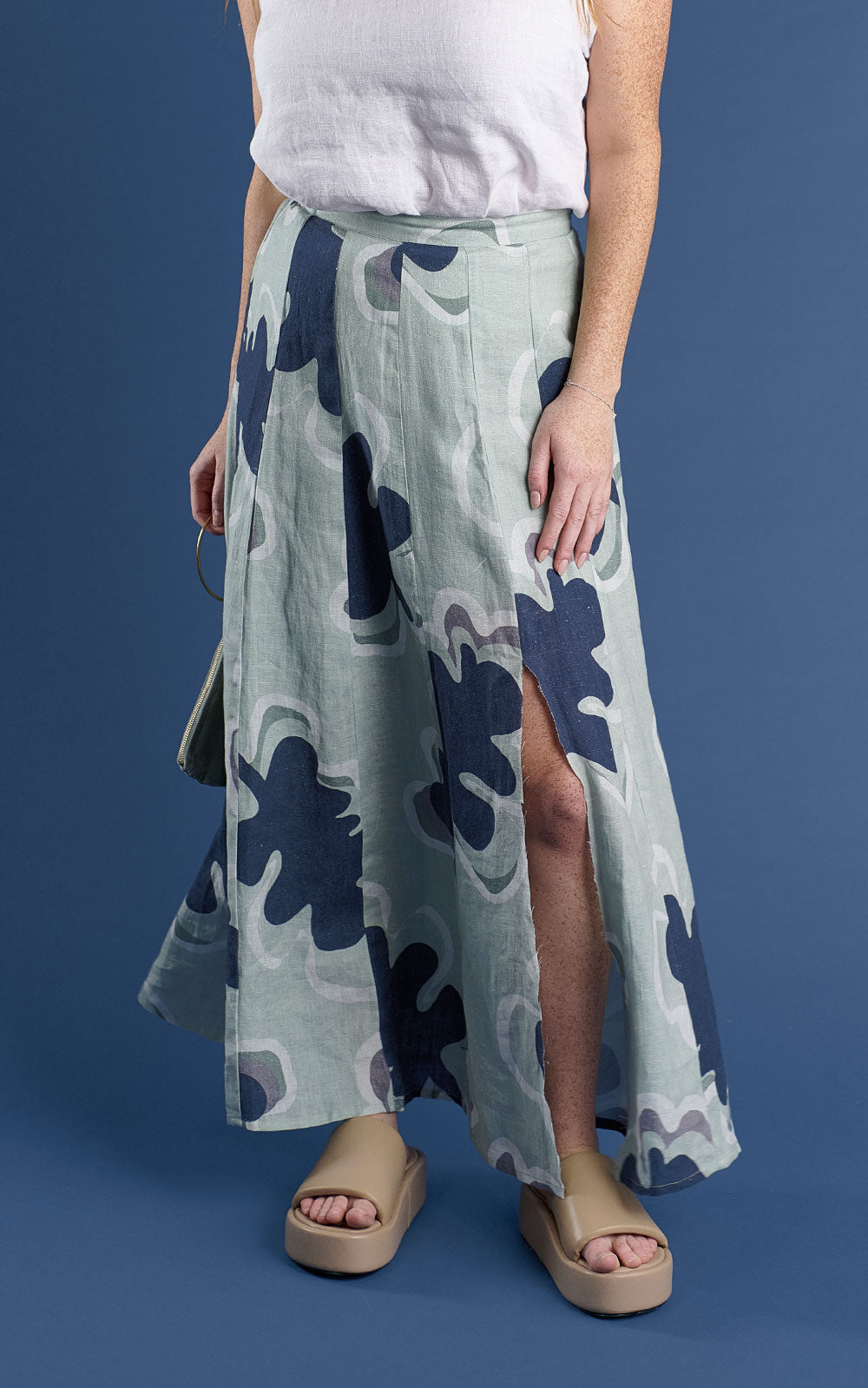 linen maxi skirt with split fun print navy and sea mist gidget