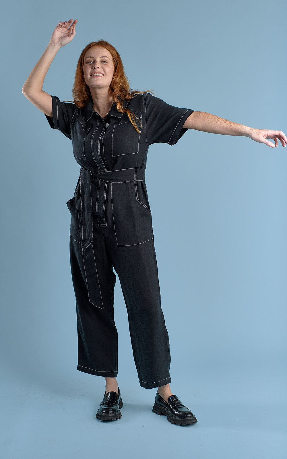 boiler suit in black linen with contrast stitching