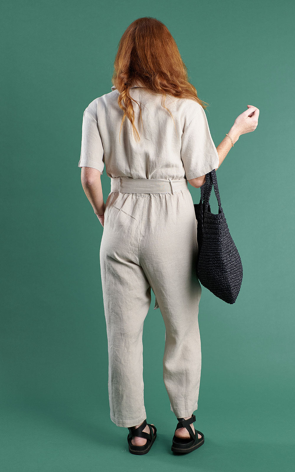 boiler suit in black linen with contrast stitching