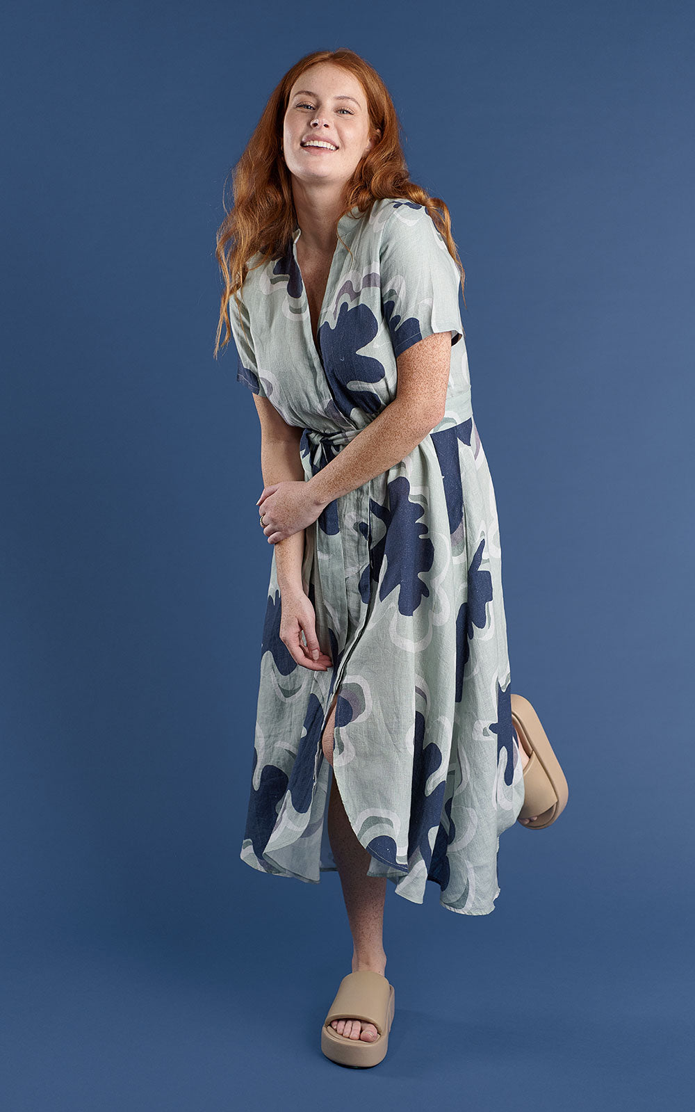 navy and seamist print linen maxi dress with v neck and middle leg split including tie belt