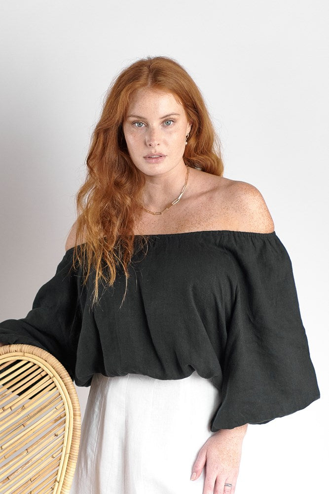 off the shoulder black linen top