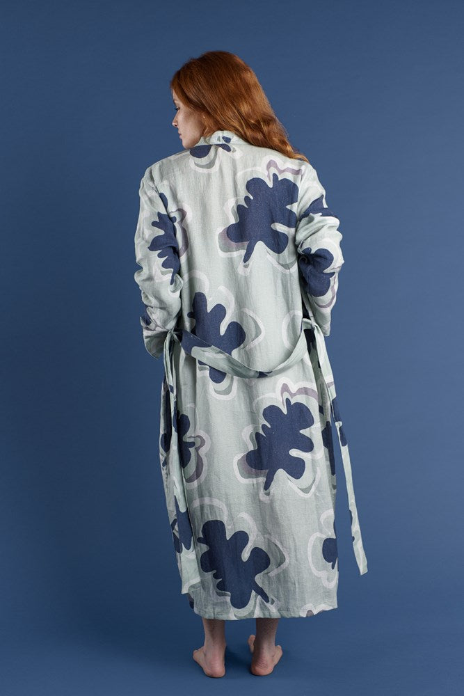 linen robe or kimono full length in navy and seamist print gidget