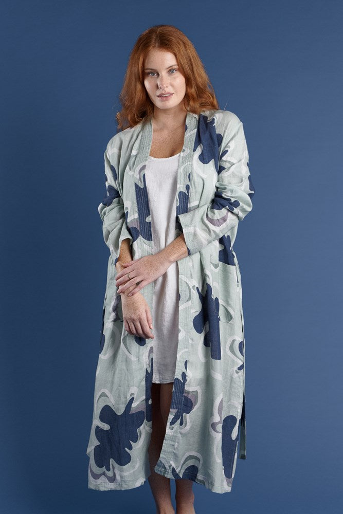 linen robe or kimono full length in navy and seamist print gidget