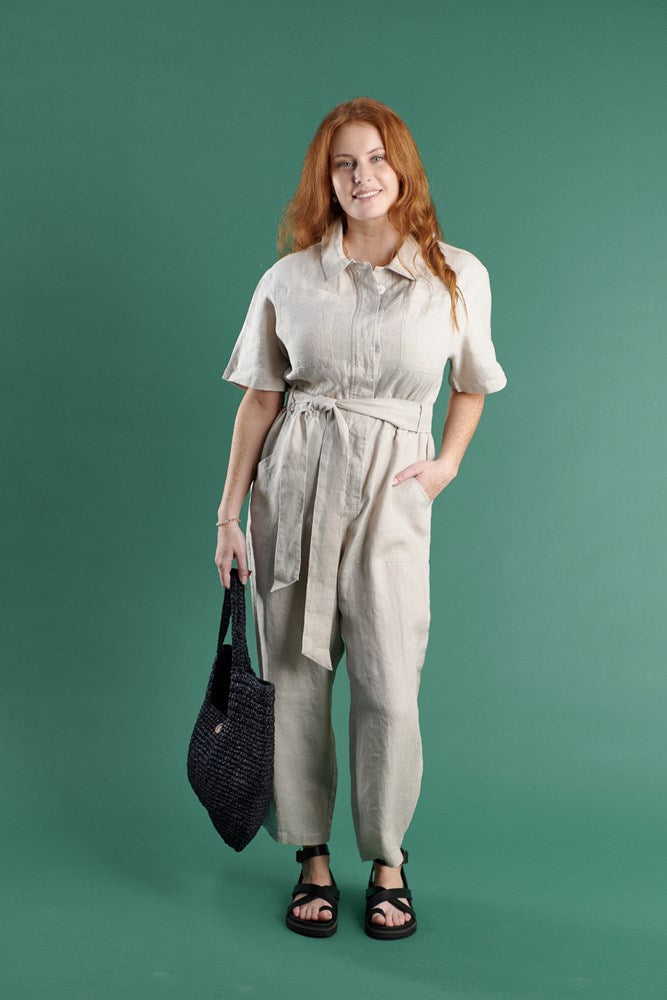 boiler suit in natural linen with contrast stitching
