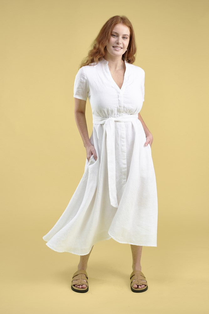 white linen maxi dress with v neck and middle leg split including tie belt