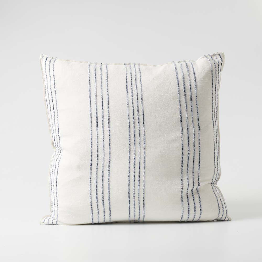 Rockpool Linen Cushion in white with navy textured stripe