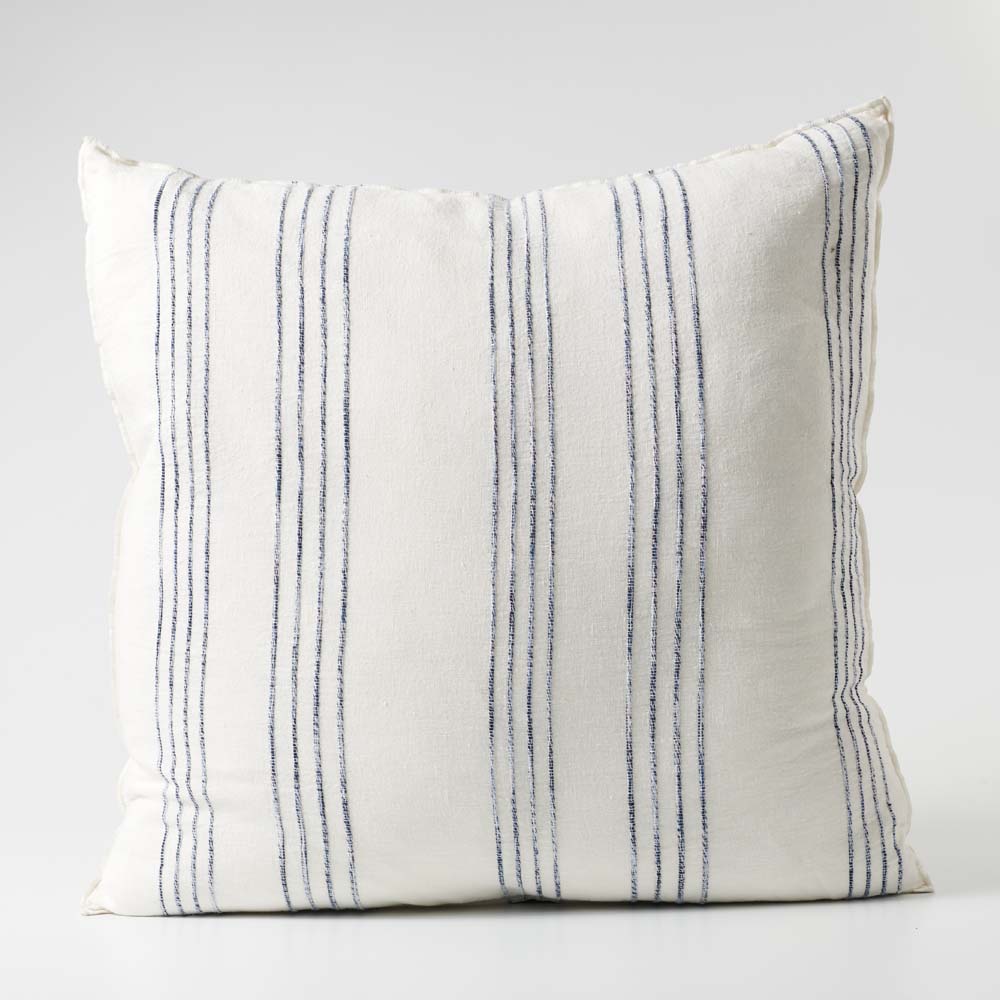 Rockpool Linen Cushion in white with navy textured stripe