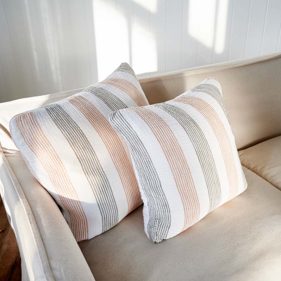 Carnivale Linen/Cotton Cushion with fine khaki and rose dust stripes