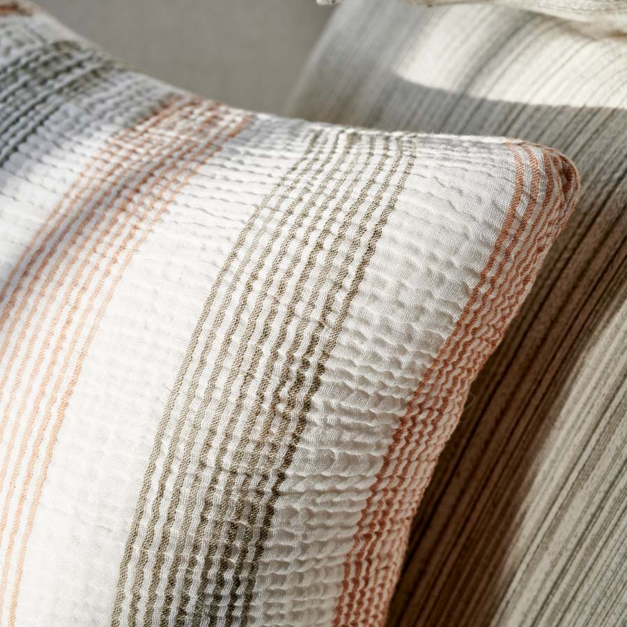 Carnivale Linen/Cotton Cushion with fine khaki and rose dust stripes