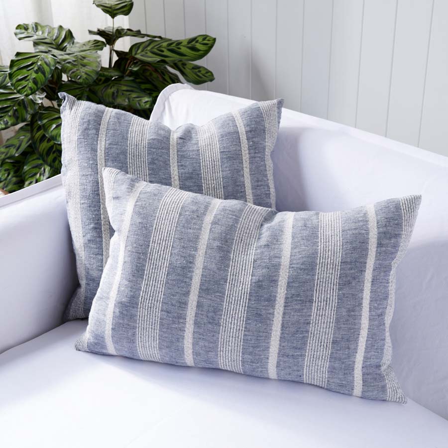 Promenad Linen Cushion in blue chambray with white stripe