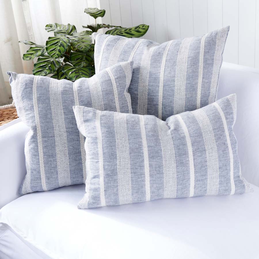Promenad Linen Cushion in blue chambray with white stripe