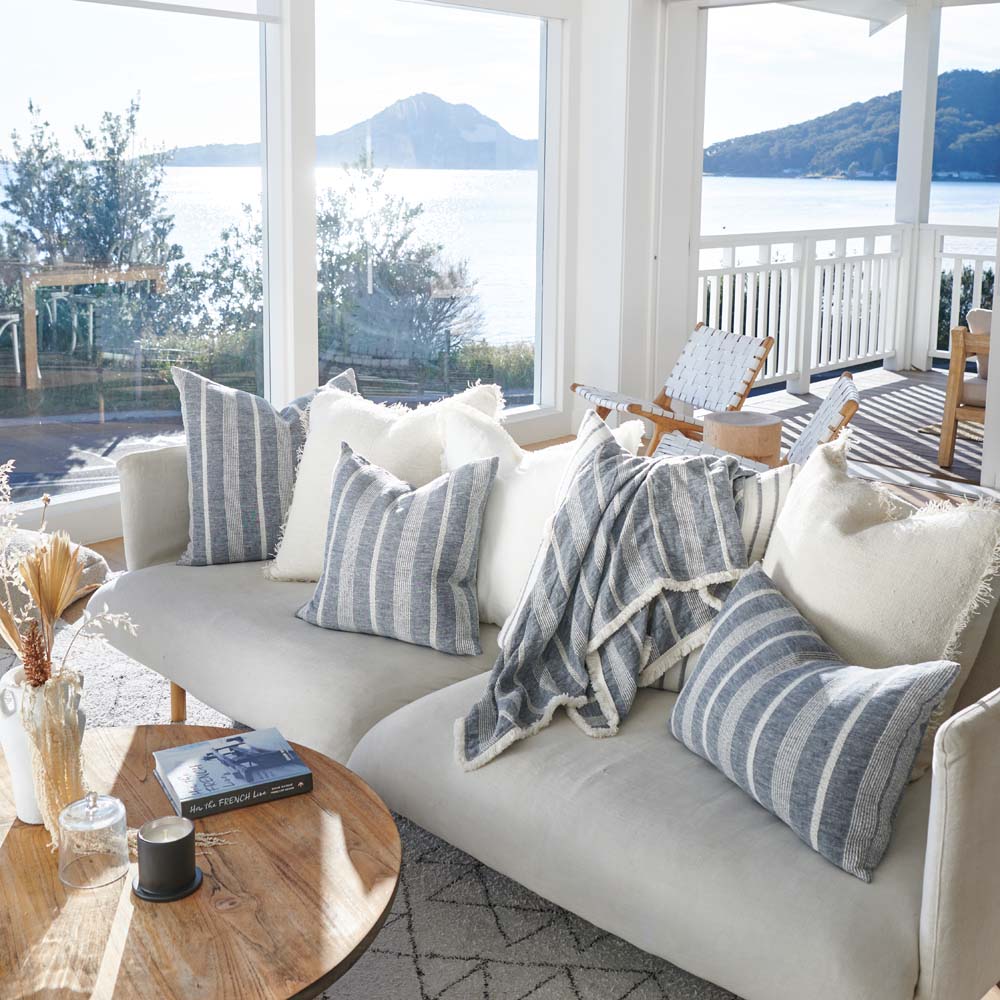 Promenad Linen Cushion in blue chambray with white stripe