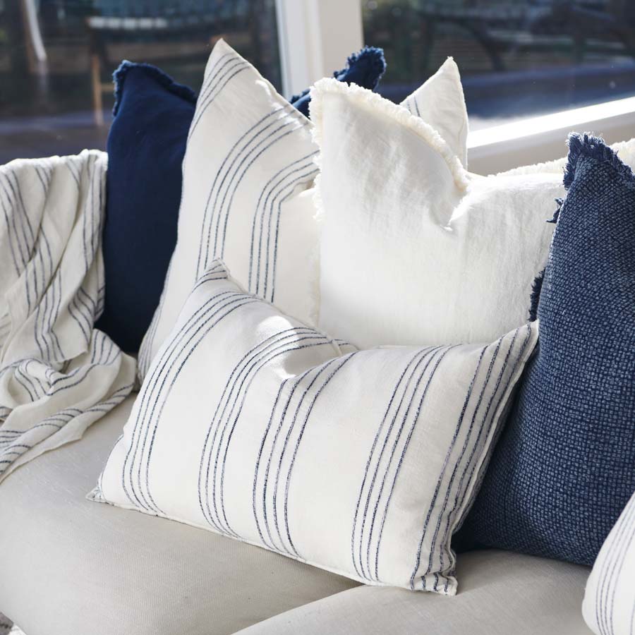 Rockpool Linen Cushion in white with navy textured stripe