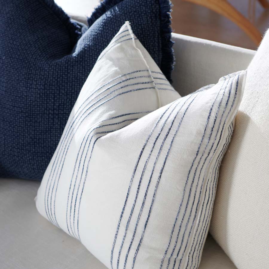 Rockpool Linen Cushion in white with navy textured stripe