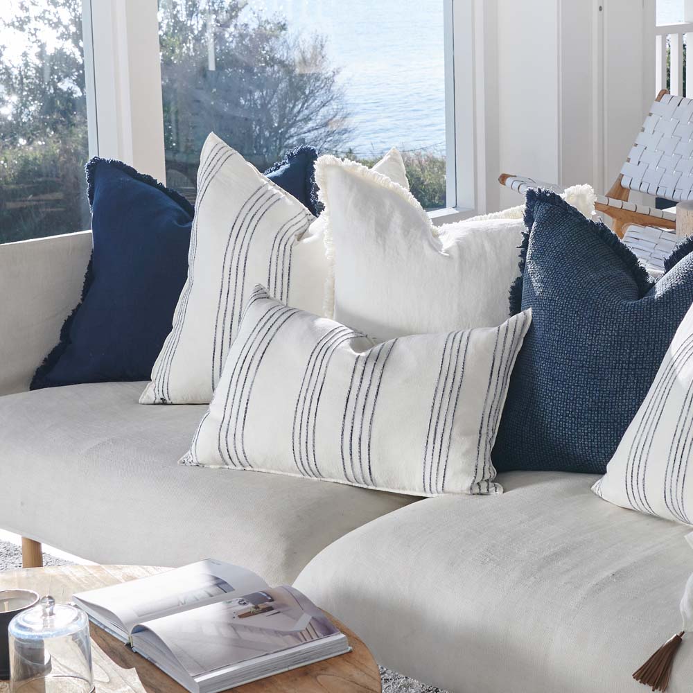 Rockpool Linen Cushion in white with navy textured stripe