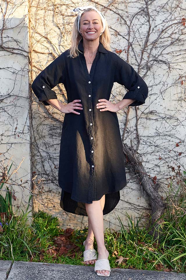 Linen Shirt Dress - Black