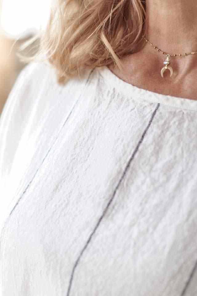 Neck detail on Carter Stripe Euro Linen Pocket Dress