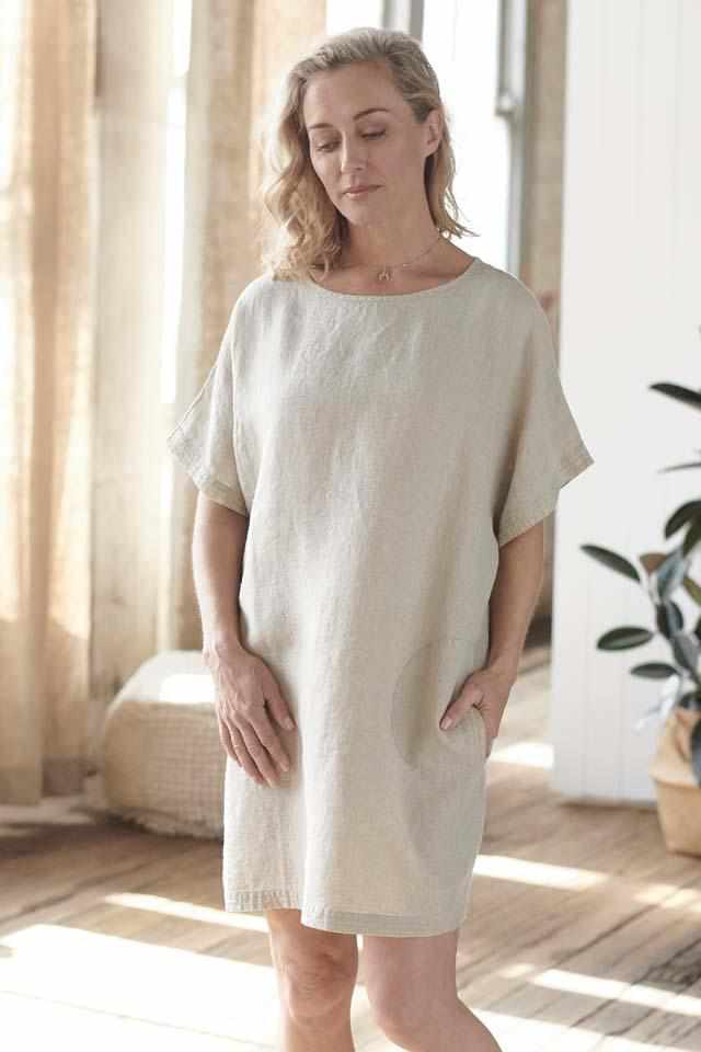 Natural Euro Linen Pocket Dress with side pockets
