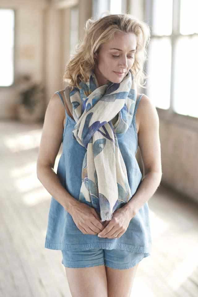 Blue Azure Euro Linen Cami and Linen Shorts with tulip print linen scarf