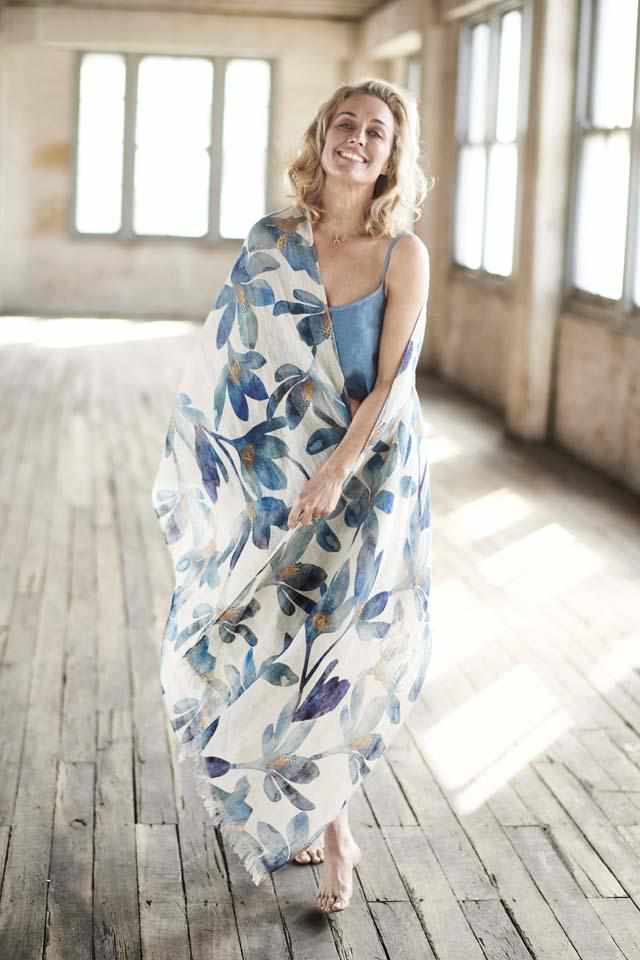 Blue Azure Euro Linen Cami and Linen Shorts with tulip print linen scarf