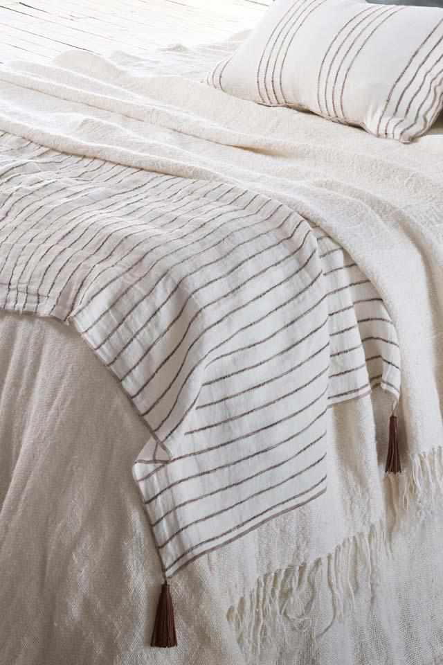 Rockpool Linen Throw with Organic Textures Stripe and leather tassels