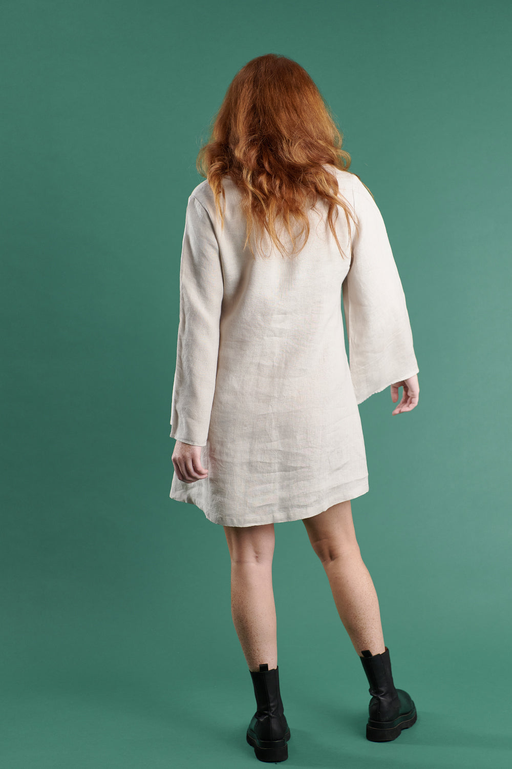 linen bell sleeve mini dress in natural