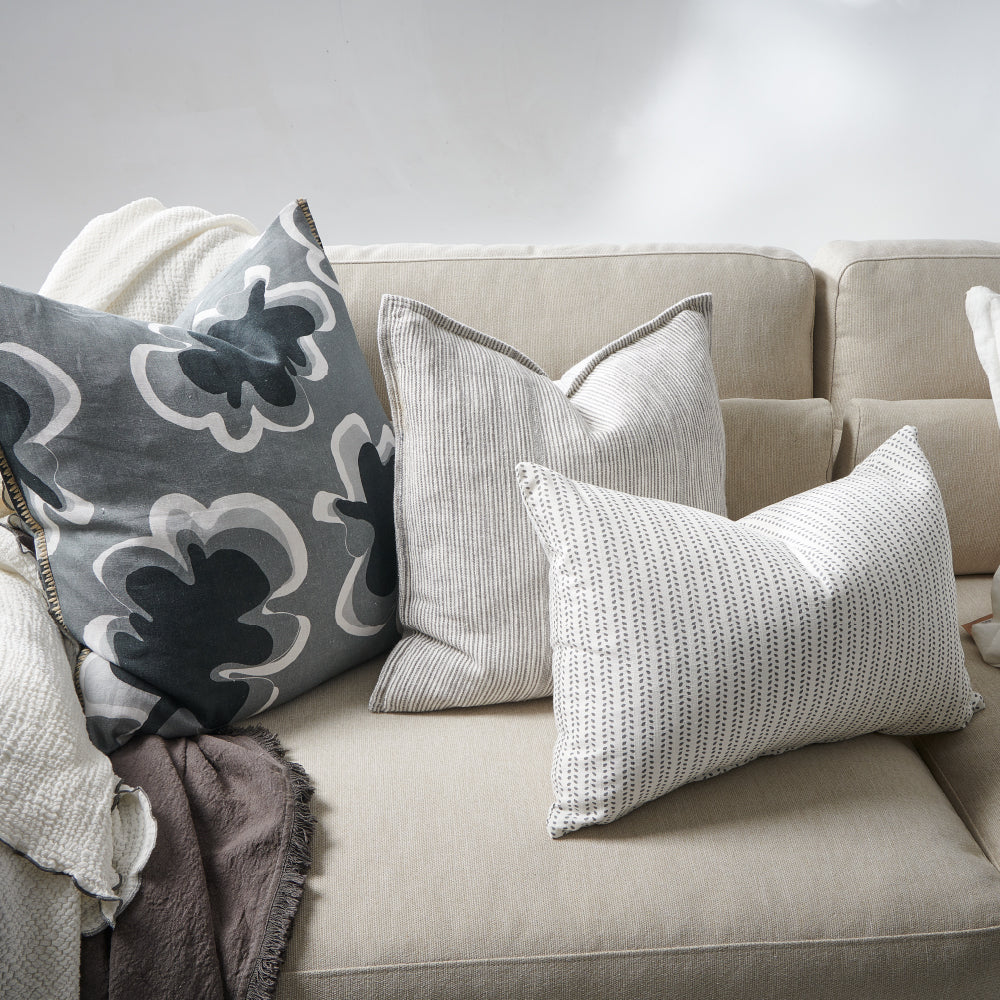 100% linen cushion in white and slate small leaf pattern repeat