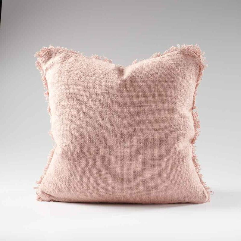 hand woven linen cushion in musk pink with fringing