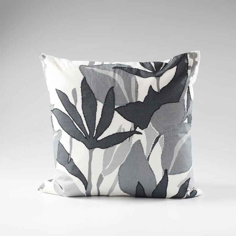 linen cushion with folral print in black, grey and white