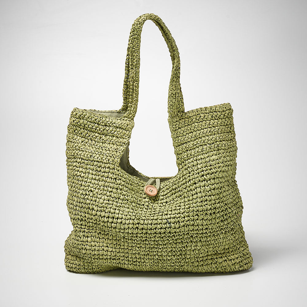 beach bag with button enclosure and cotton lining green