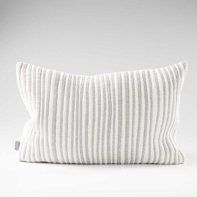 slate and white stripped cushion in a soft ribbed material