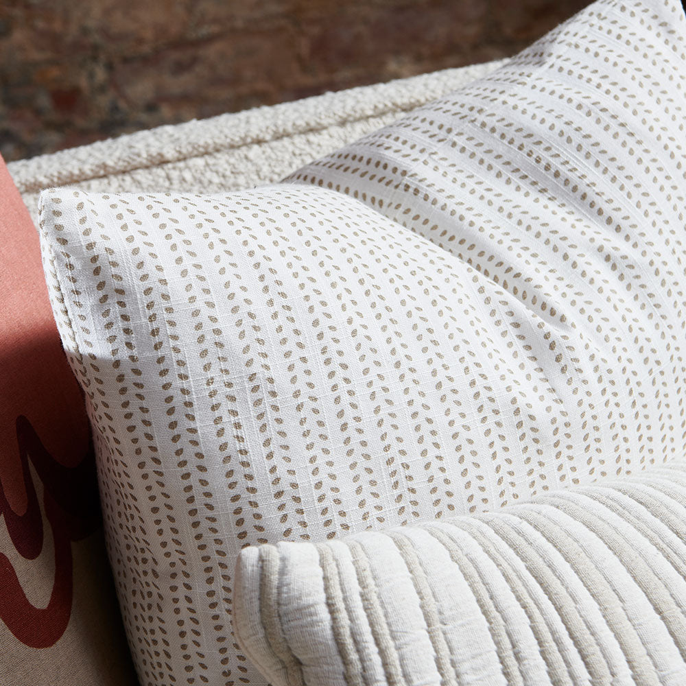 100% linen cushion in white and natural small leaf pattern repeat