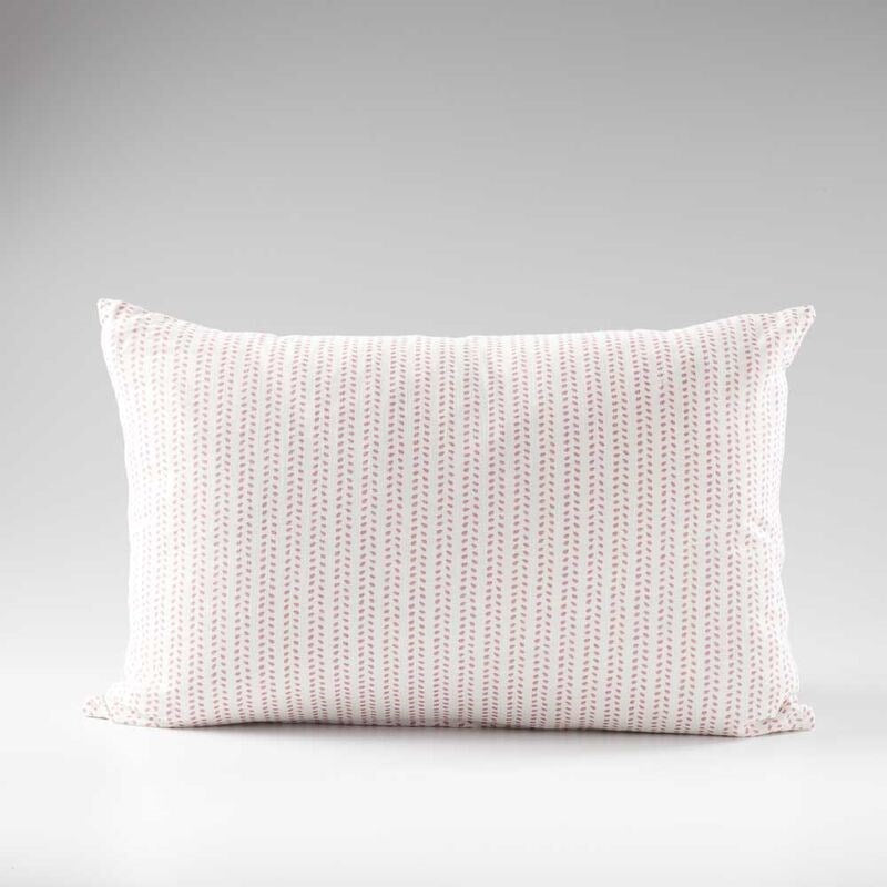 100% linen cushion in white and pink small leaf pattern repeat
