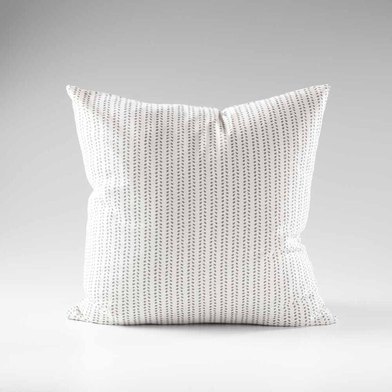 100% linen cushion in white and slate small leaf pattern repeat