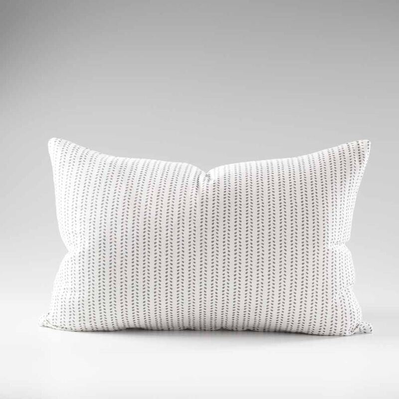 100% linen cushion in white and slate small leaf pattern repeat