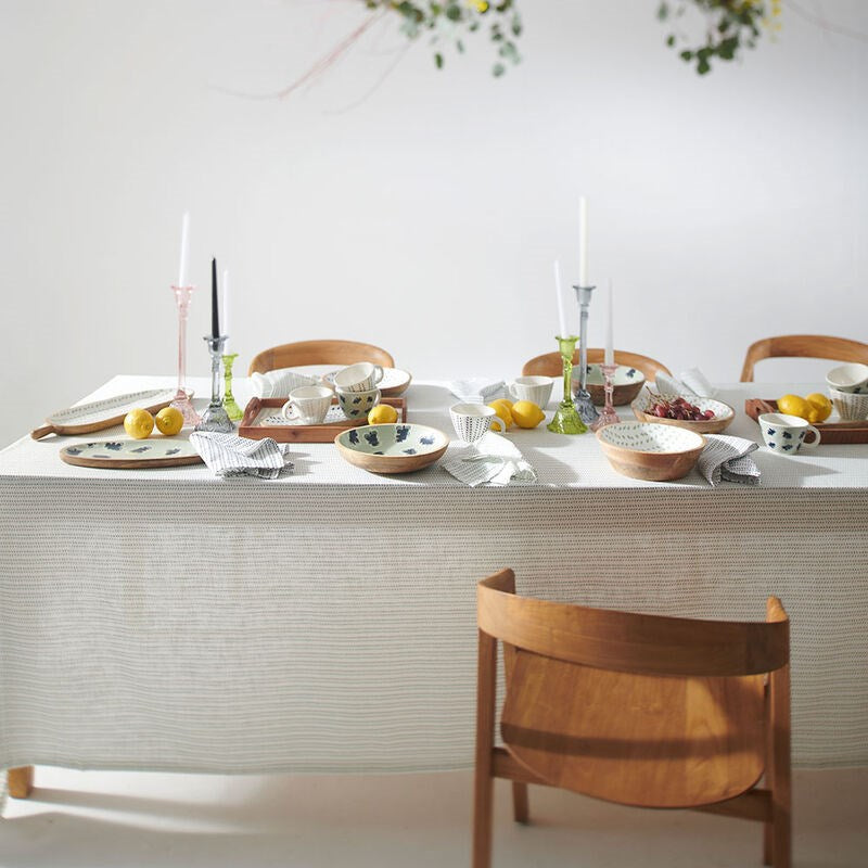 100% linen tablecloth in multiple sizes in a white and sea mist pattern - tableware