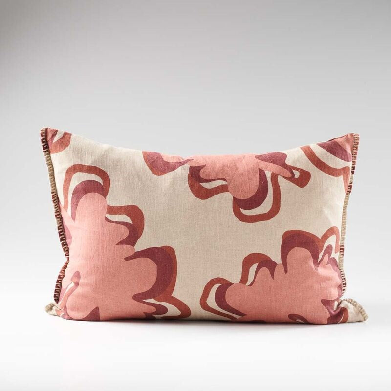 pink, maroon and natural fun patterned linen cushion with contrast stitching feature