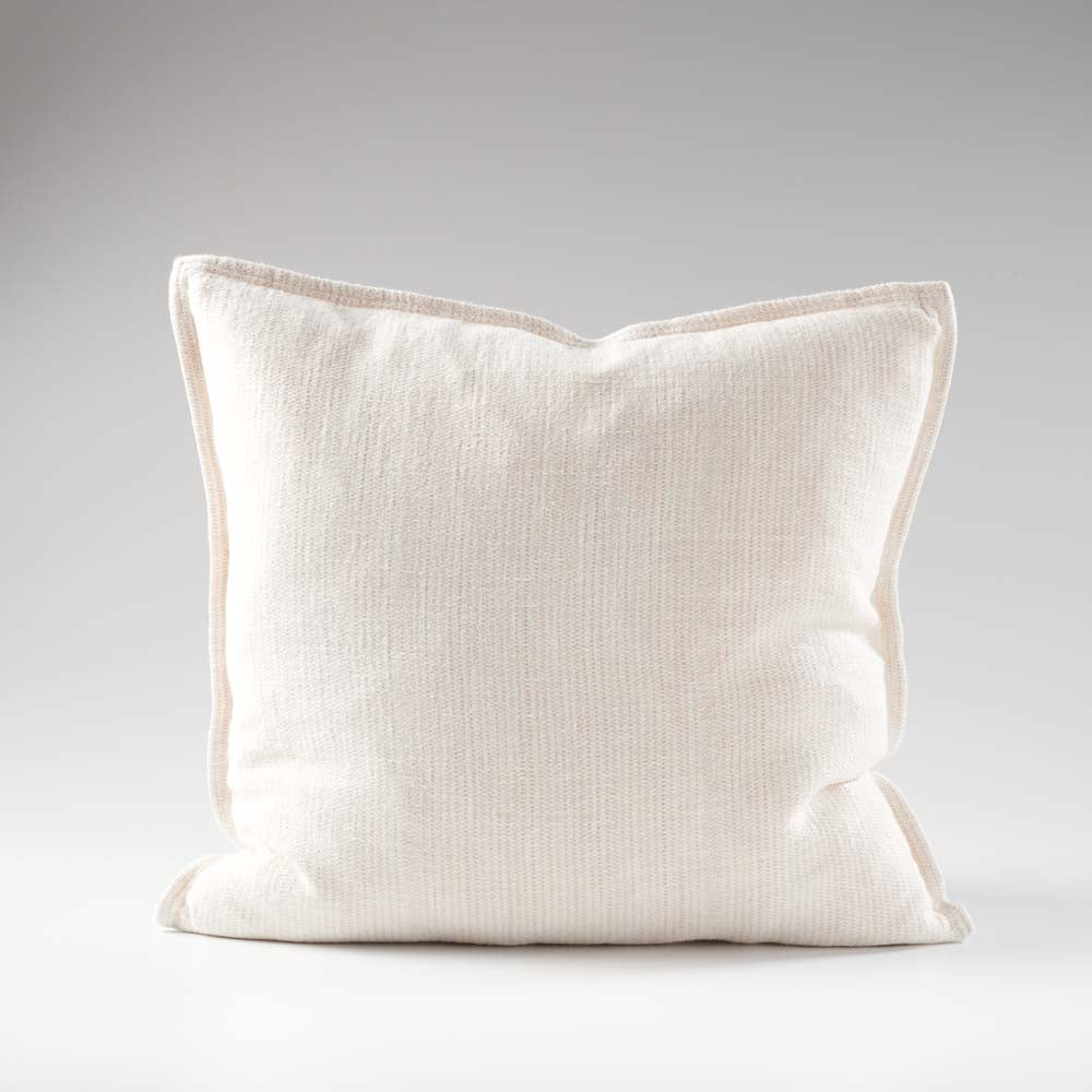 100% linen cushion in a pink and white faint stripe pattern which is reversible