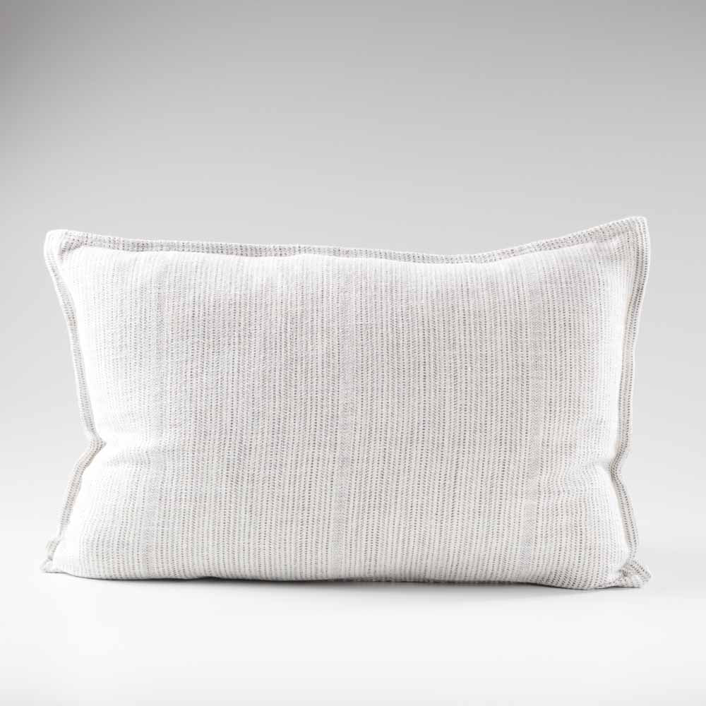 100% linen cushion in a slate and white faint stripe pattern which is reversible