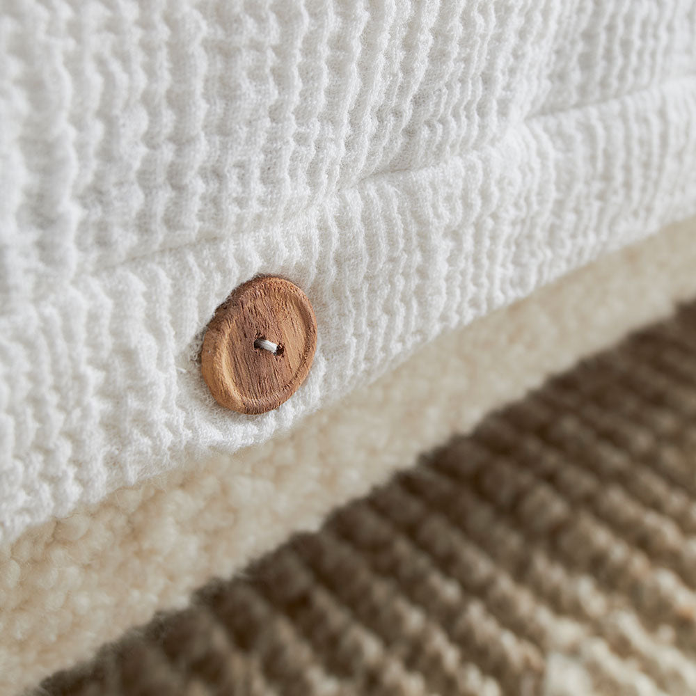 white duvet set with contrast stitching, lettuce edge and wooden button feature