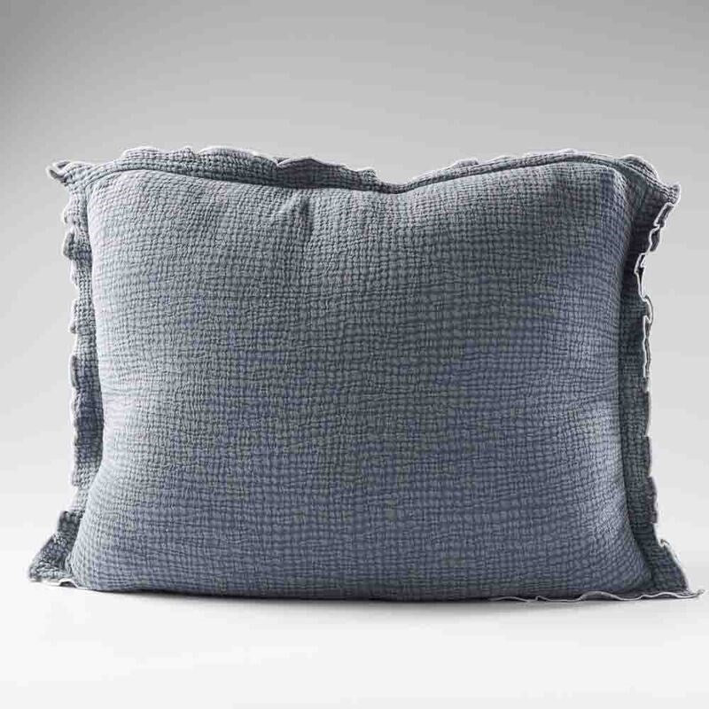 steel blue coloured cushion in a soft fabric with a double flange design and contrast stitching detail